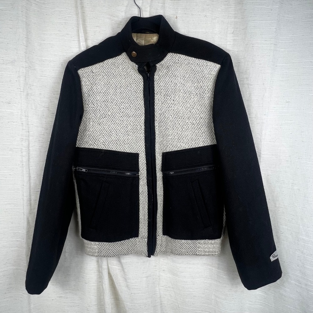 Vintage Falcone Mens Wool Colorblock Jacket Black Cream Mock Neck Zip Up size 42